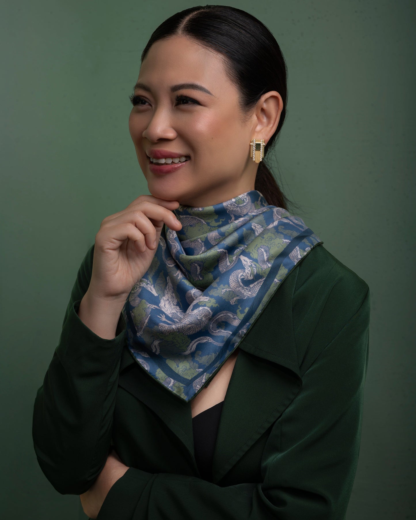 Tjin Lee wearing Studio Qiling Dragon Blue Jade double-sided silk scarf — hand-drawn dragon print luxury wearable art scarf Singapore