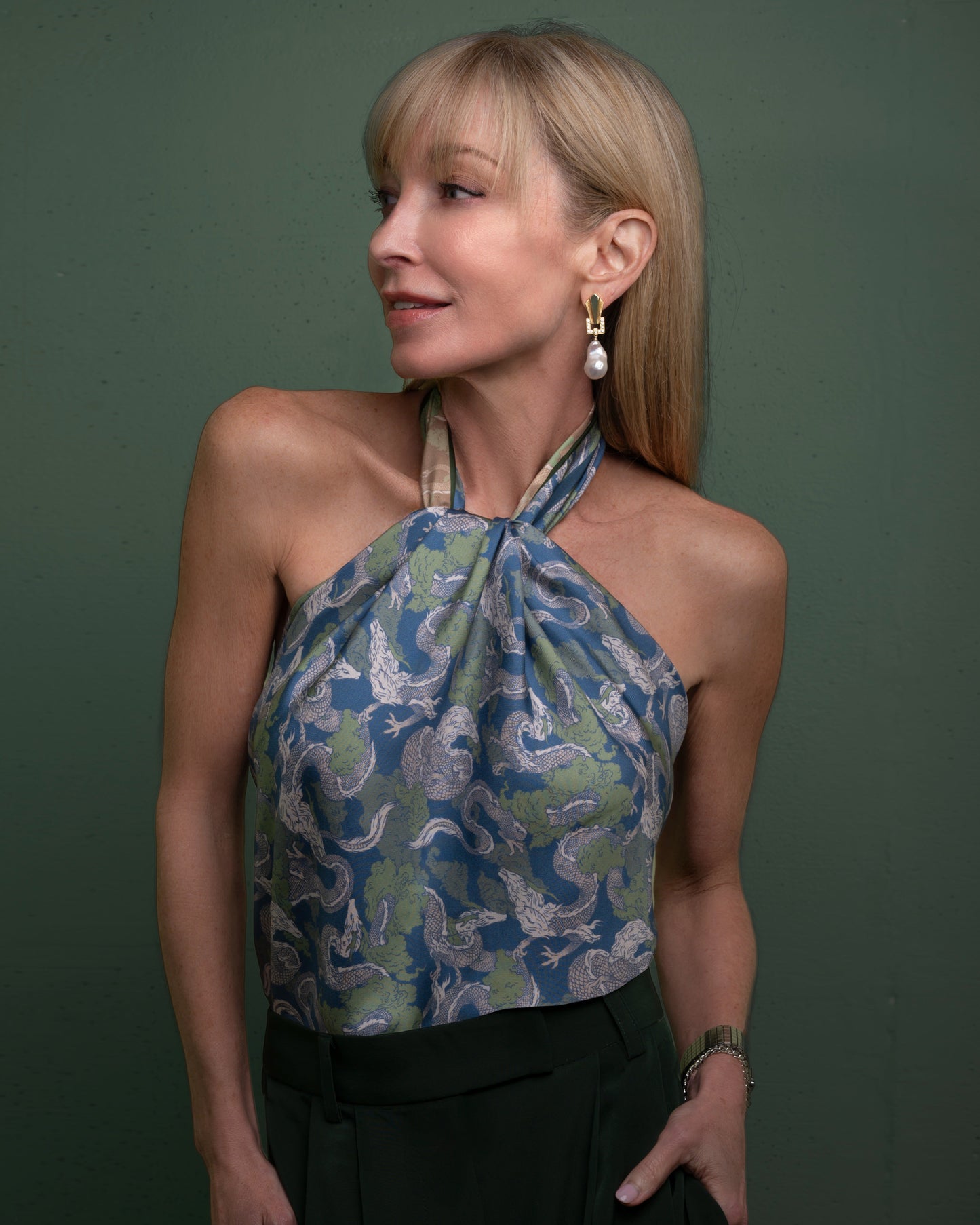 Dragon Blue Jade reversible silk scarf styled as a draped top — Studio Qiling hand-drawn dragon motif luxury wearable art scarf Singapore