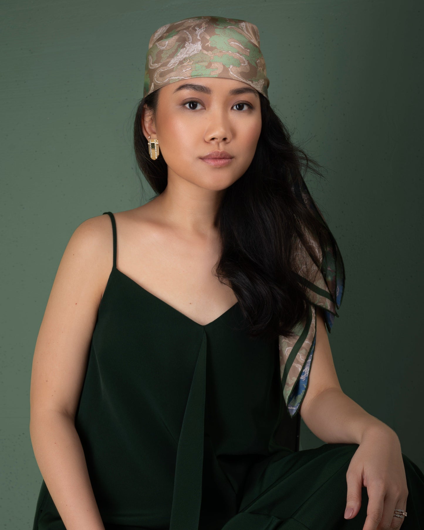 Dragon Blue Jade double-sided silk scarf worn as a headscarf — Studio Qiling hand-drawn dragon print luxury silk scarf Singapore