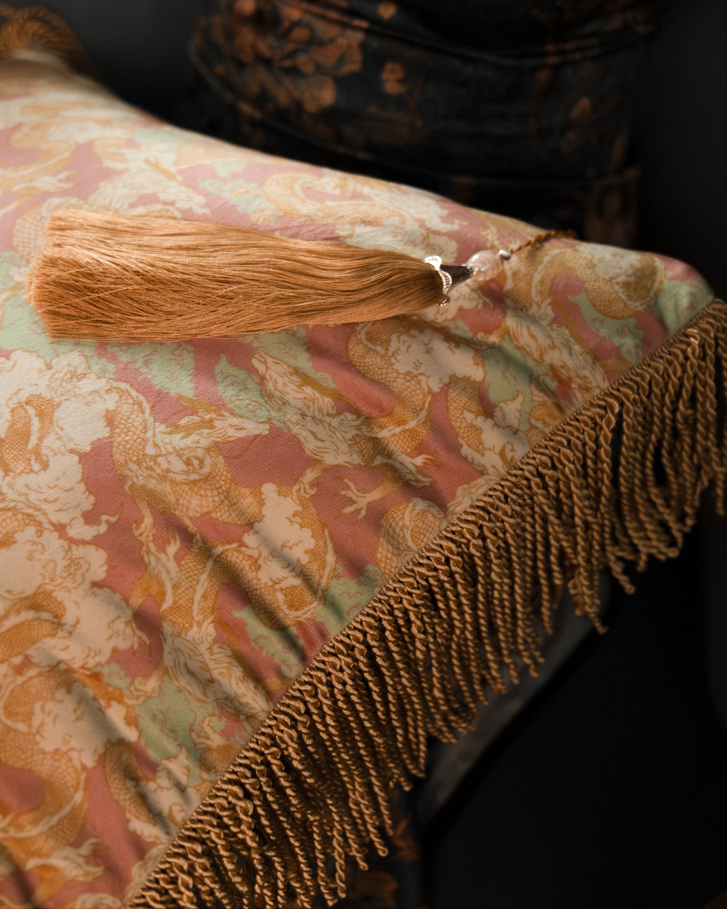 Dragon Dreams velvet cushion set of two on a bed — Studio Qiling x Beeyarnd hand-drawn dragon motif luxury cushions Singapore