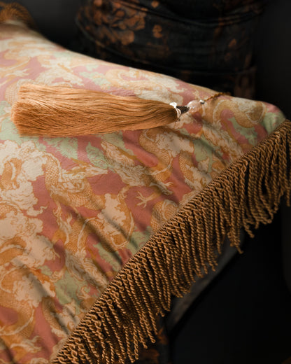 Dragon Dreams velvet cushion set of two on a bed — Studio Qiling x Beeyarnd hand-drawn dragon motif luxury cushions Singapore