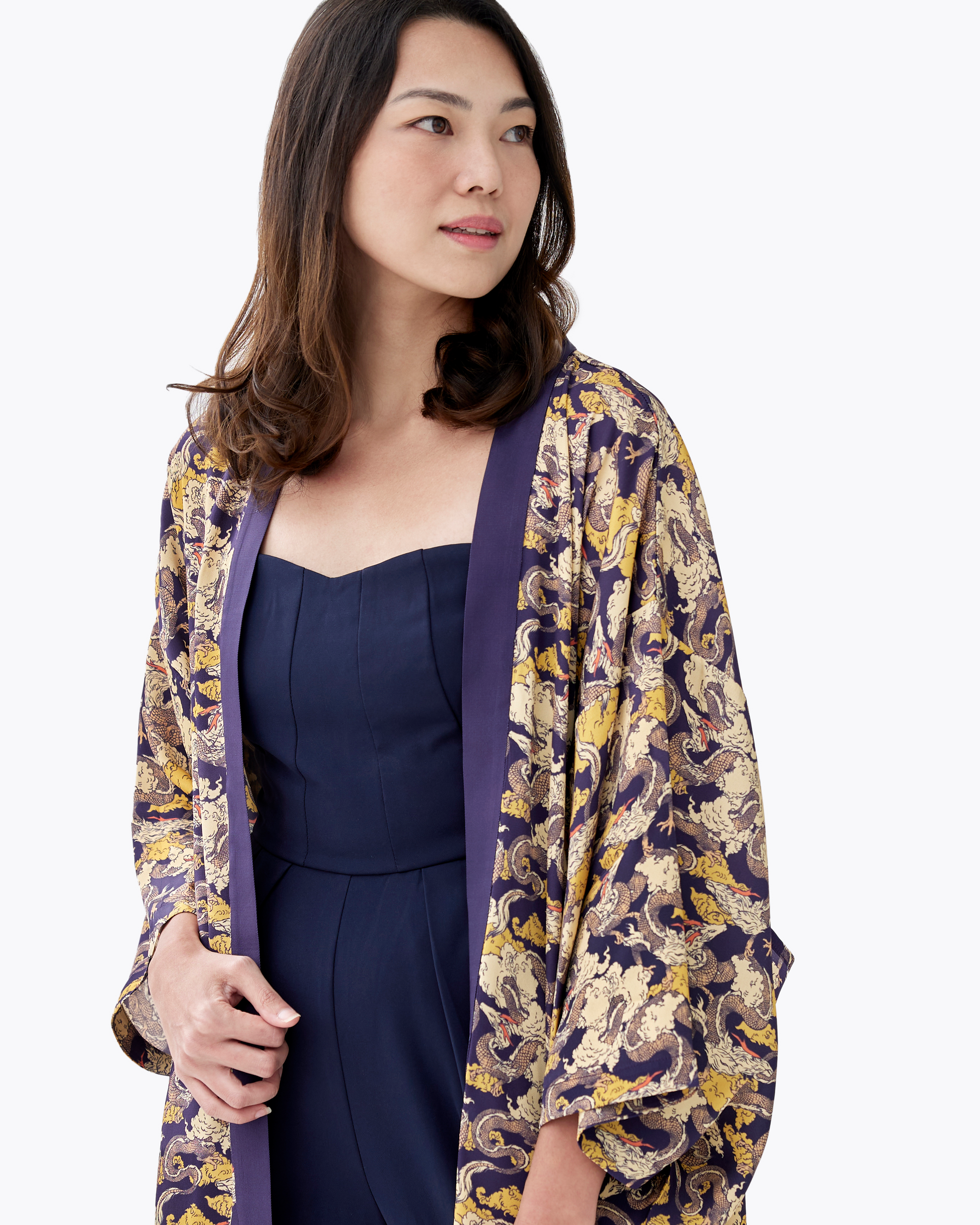 Dragon Golden Eclipse silk blend kimono with hand-drawn dragon motif — Studio Qiling luxury printed kimono outerwear Singapore