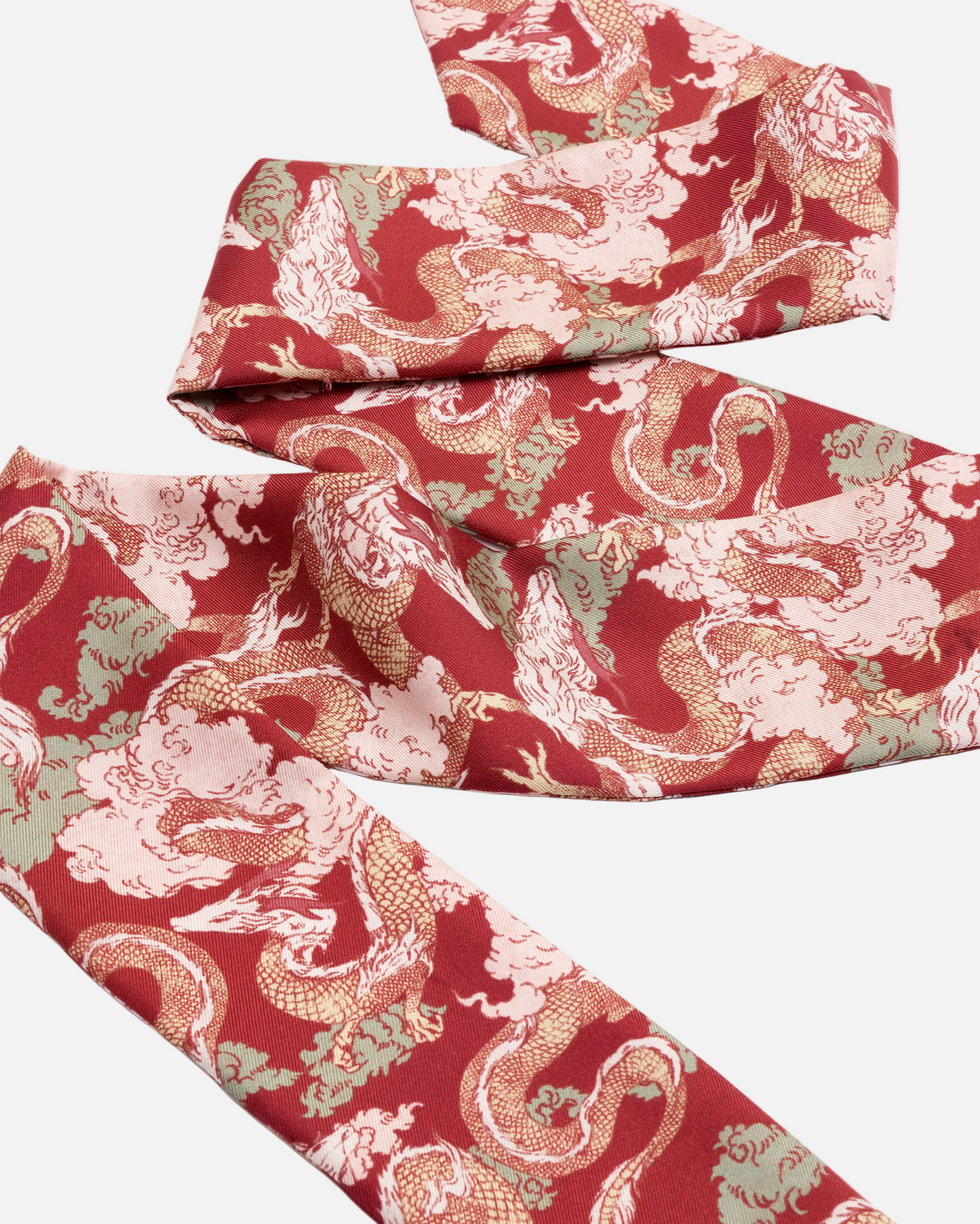 Dragon Scarlet silk bandeau with hand-drawn dragon motif — Studio Qiling luxury silk hair scarf Singapore