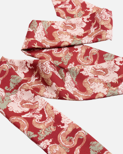 Dragon Scarlet silk bandeau with hand-drawn dragon motif — Studio Qiling luxury silk hair scarf Singapore