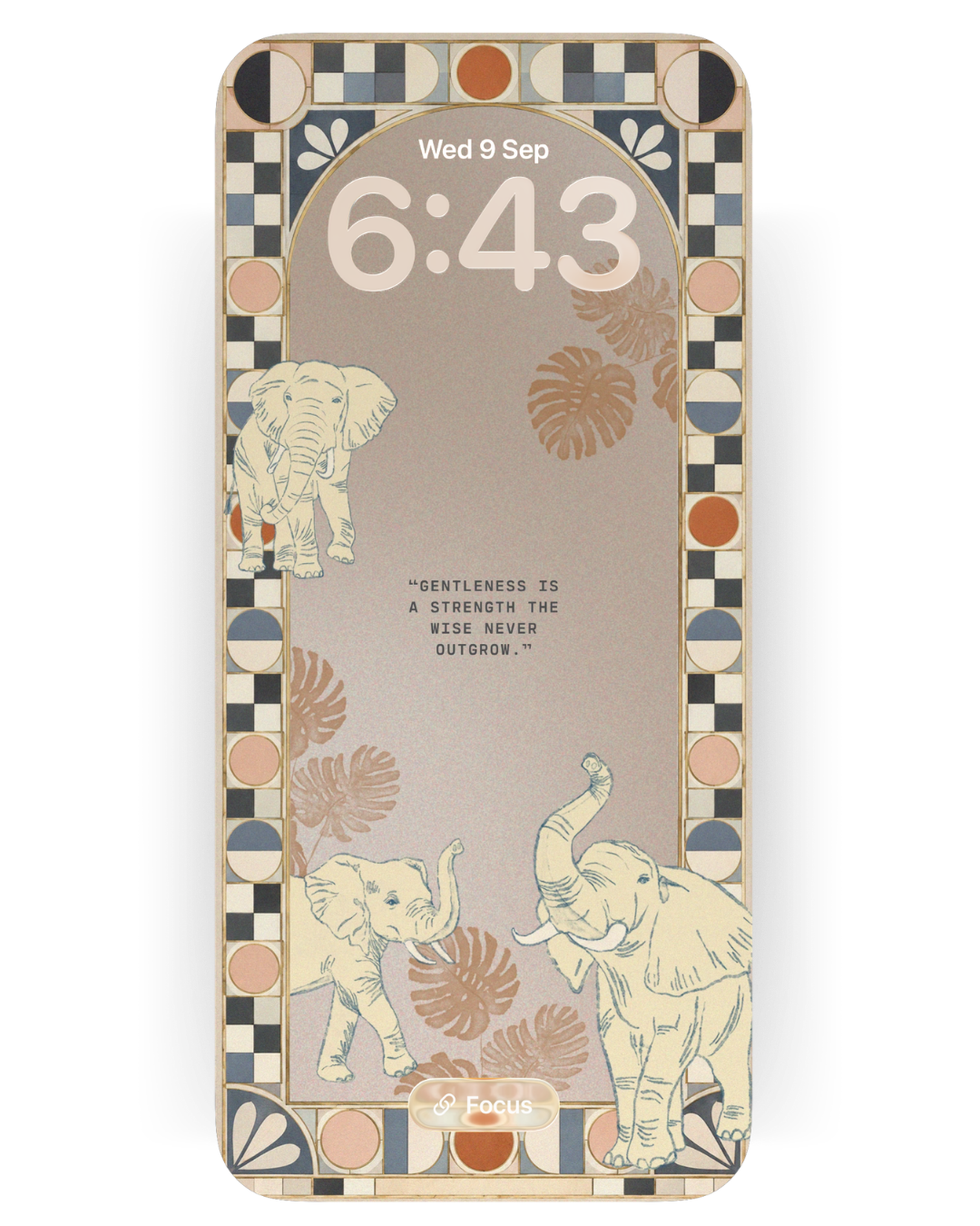 Elephant phone wallpaper featuring a grounded and wise elephant design by Studio Qiling, suitable for mobile device backgrounds.