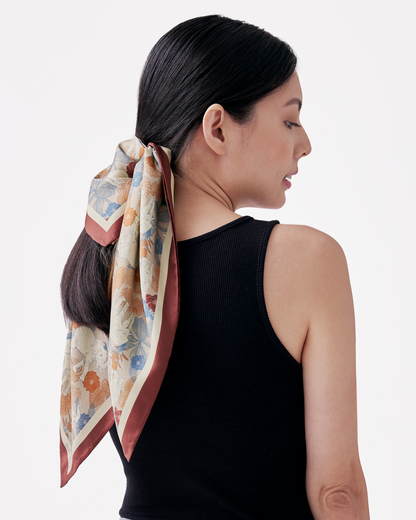 Elephant Teal Woods double-sided 65cm silk scarf with hand-drawn elephant motif — Studio Qiling luxury artist print scarf Singapore