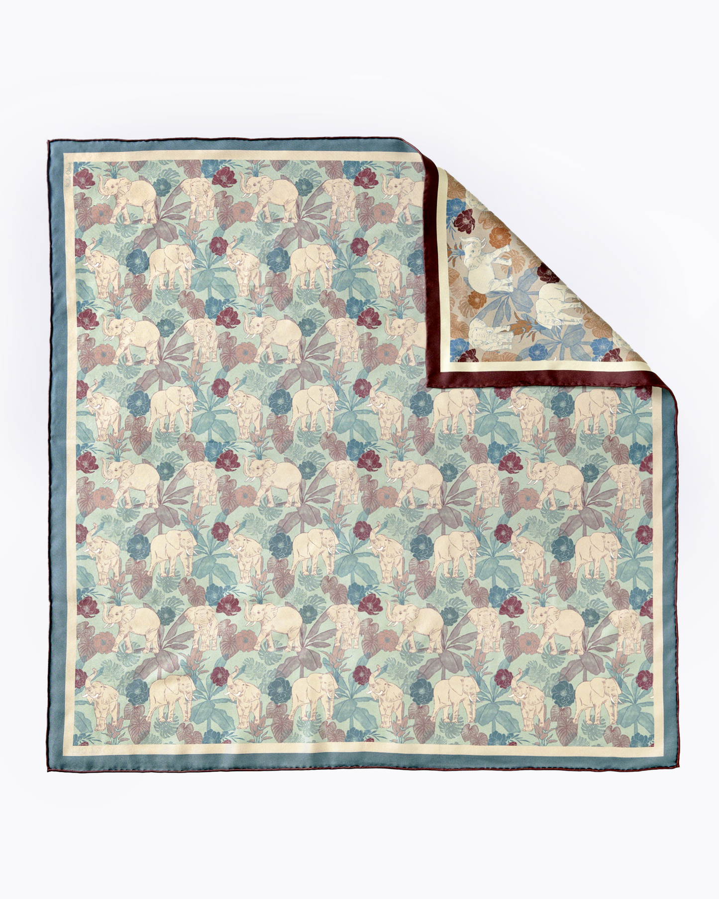 Elephant Teal Woods double-sided silk scarf styled as a headscarf — Studio Qiling wearable art luxury scarf Singapore