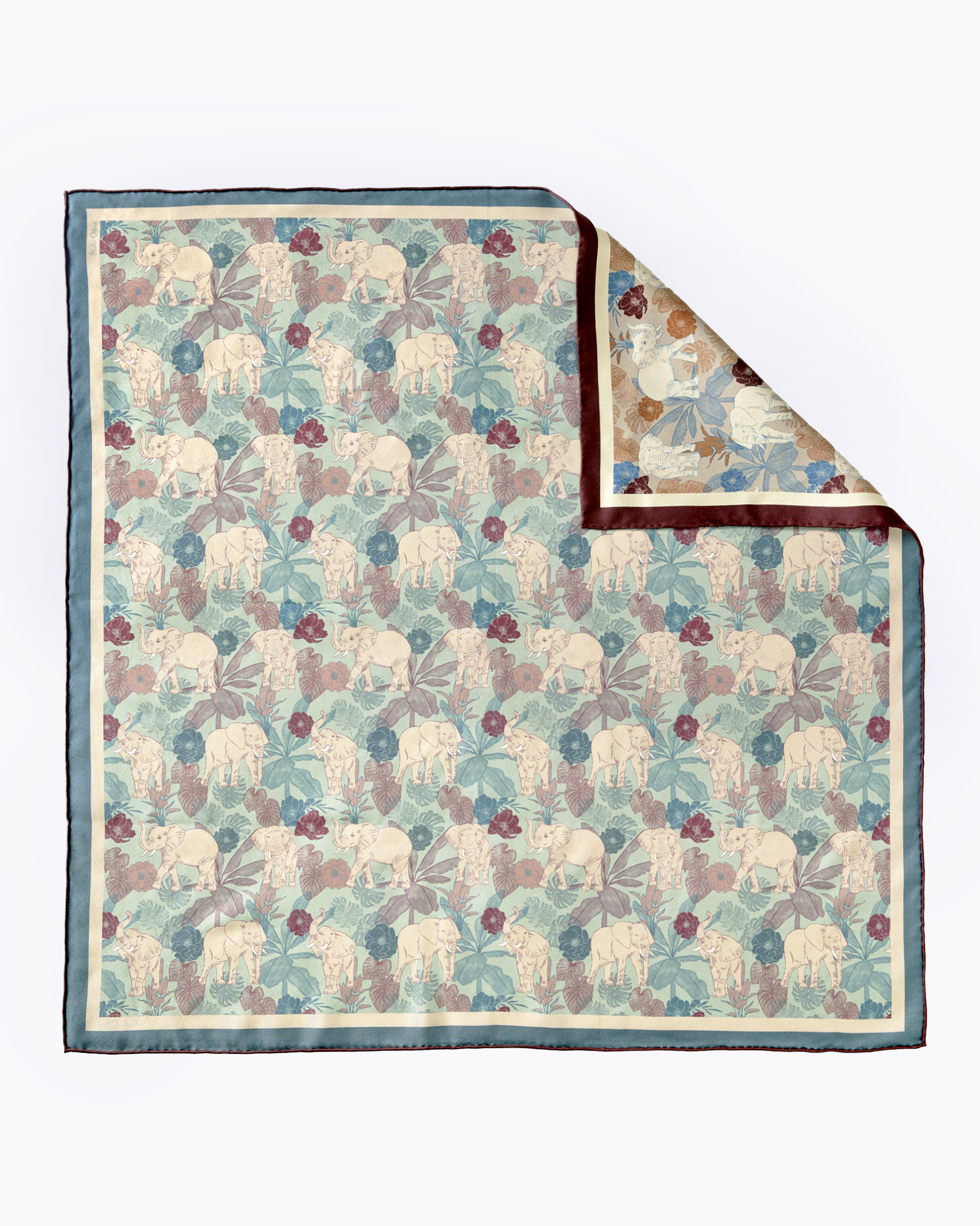 Elephant Teal Woods double-sided silk scarf styled as a headscarf — Studio Qiling wearable art luxury scarf Singapore