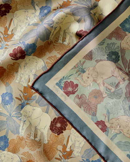 Elephant Teal Woods reversible silk scarf laid flat showing both sides — Studio Qiling luxury wearable art scarf Singapore