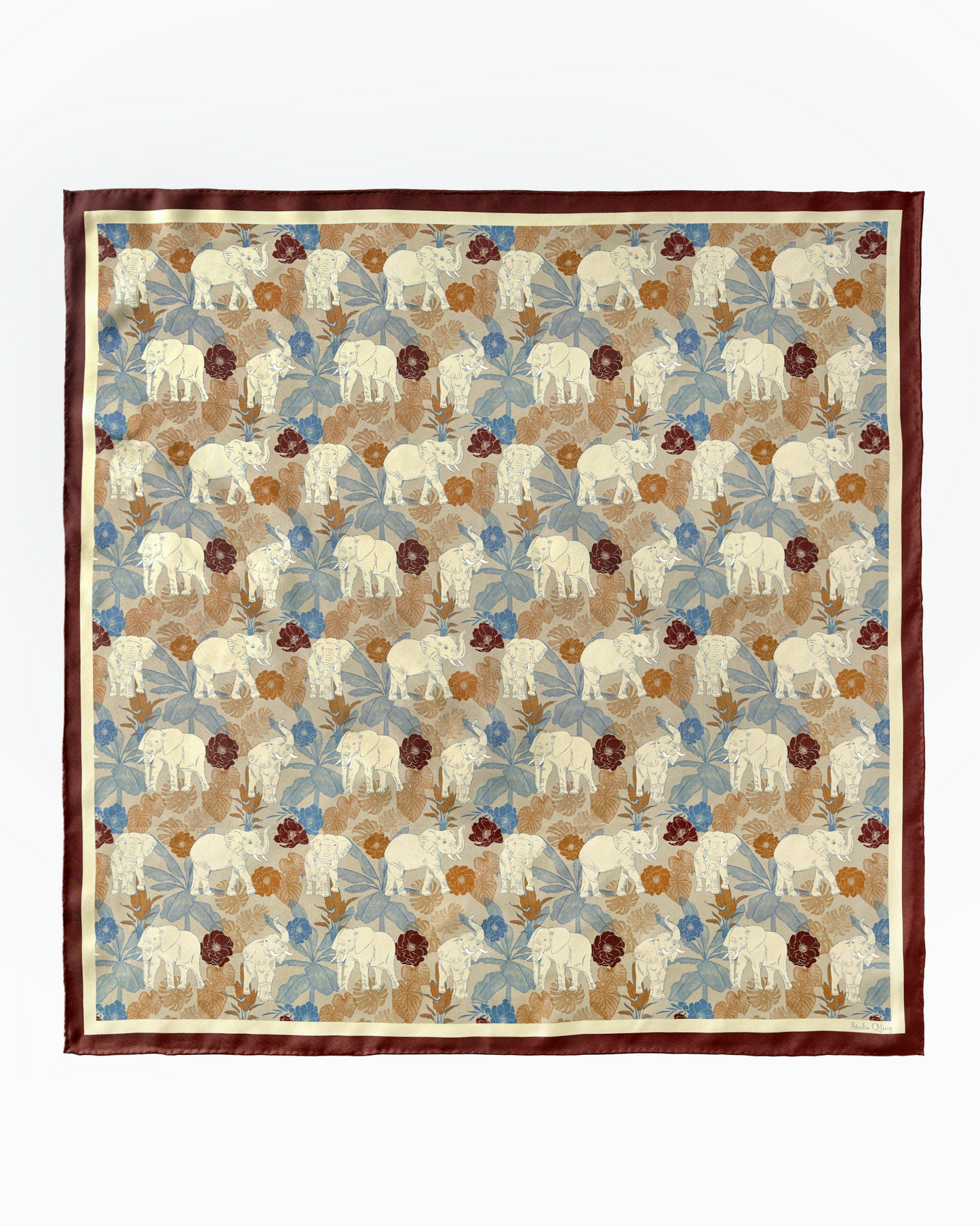 Elephant Teal Woods double-sided silk scarf draped — Studio Qiling hand-drawn elephant print luxury square scarf Singapore