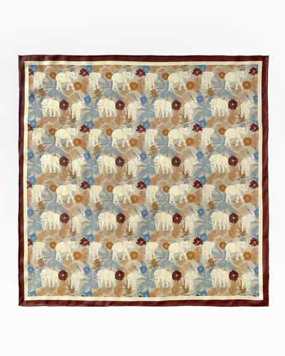 Elephant Teal Woods double-sided silk scarf draped — Studio Qiling hand-drawn elephant print luxury square scarf Singapore