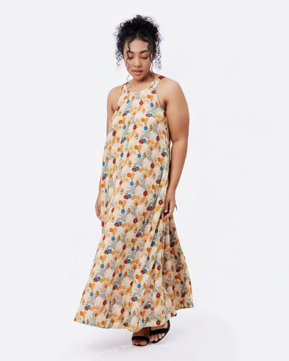 Elephant Woods reversible silk blend maxi dress in an outdoor setting — Studio Qiling hand-drawn elephant print luxury dress Singapore