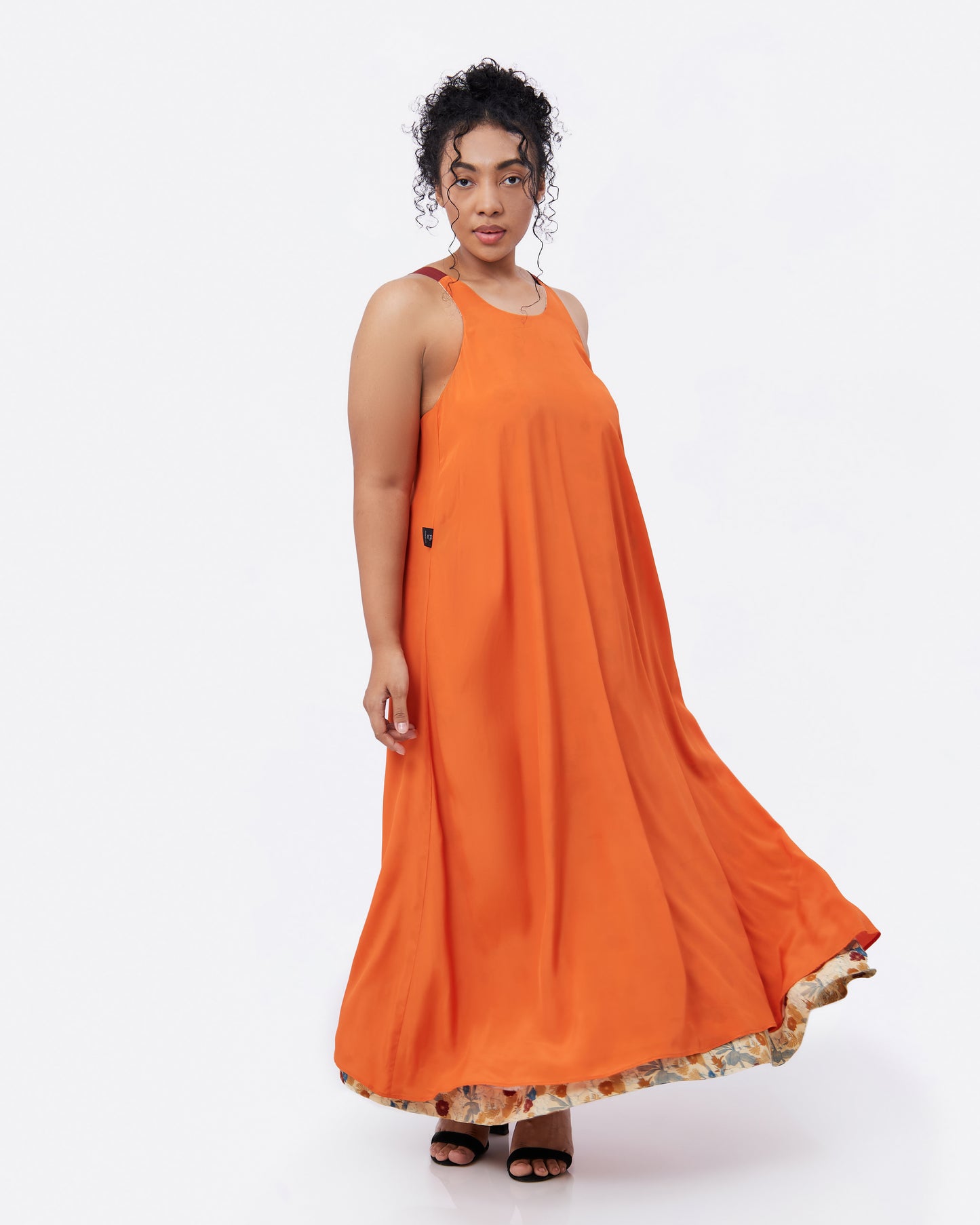 Back view of Elephant Woods reversible silk blend maxi dress — Studio Qiling hand-drawn elephant print luxury wearable art Singapore