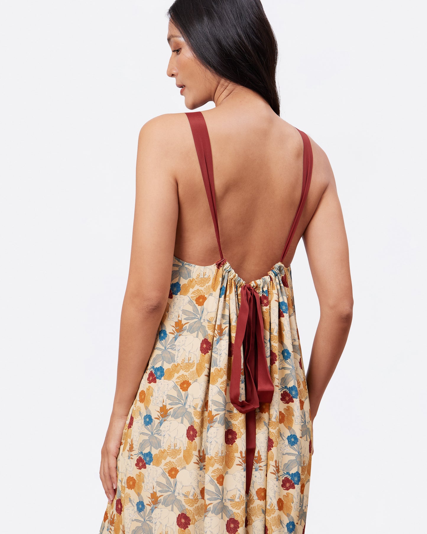 Close-up of hand-drawn elephant print on Elephant Woods reversible silk blend maxi dress — Studio Qiling Singapore