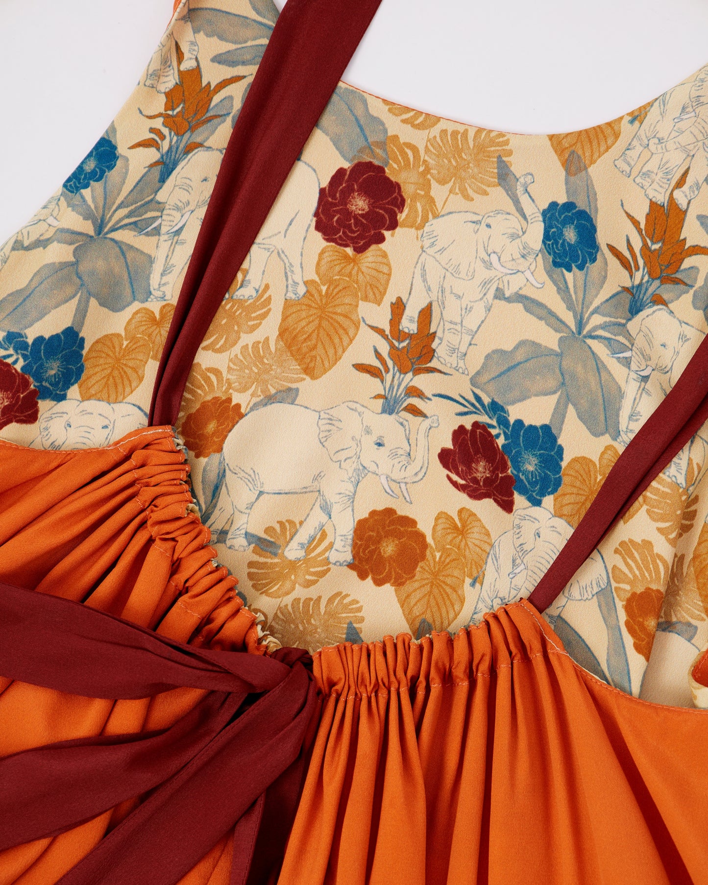 Elephant Woods reversible silk blend maxi dress styled outdoors — Studio Qiling luxury printed maxi dress Singapore