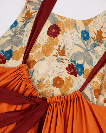 Elephant Woods reversible silk blend maxi dress styled outdoors — Studio Qiling luxury printed maxi dress Singapore