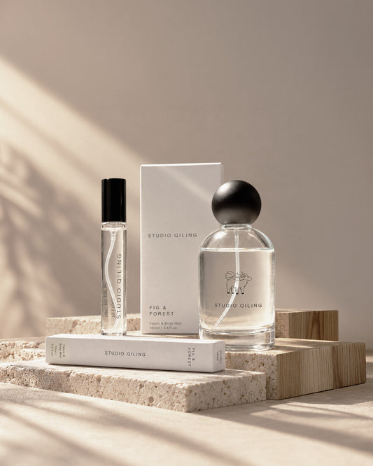 Studio Qiling x Scent Journey Fig & Forest fabric and body mist full size and travel size bottles with gift packaging — luxury fragrance Singapore