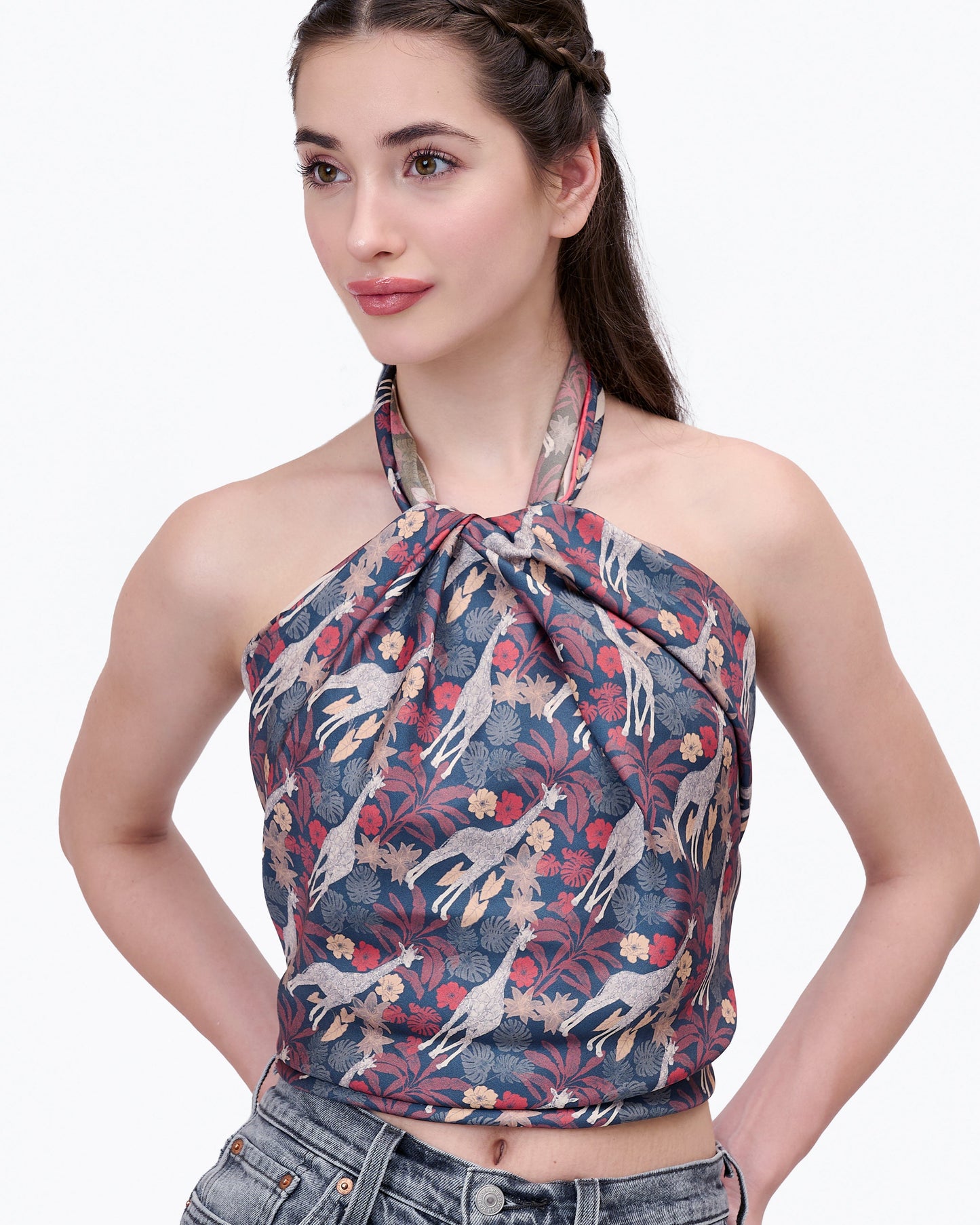 Giraffe Safari double-sided 100cm silk scarf with hand-drawn giraffe motif — Studio Qiling luxury artist print scarf Singapore