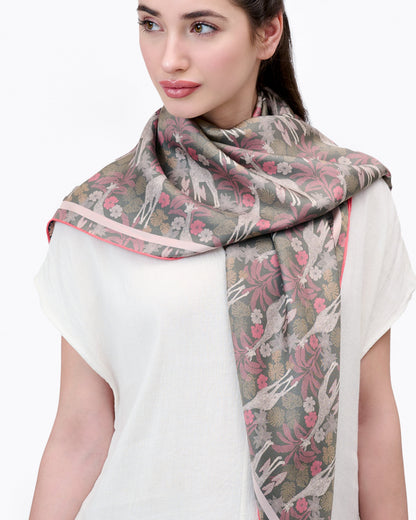 Close-up of hand-drawn giraffe motif on Giraffe Safari reversible silk scarf — Studio Qiling Singapore designer luxury scarf
