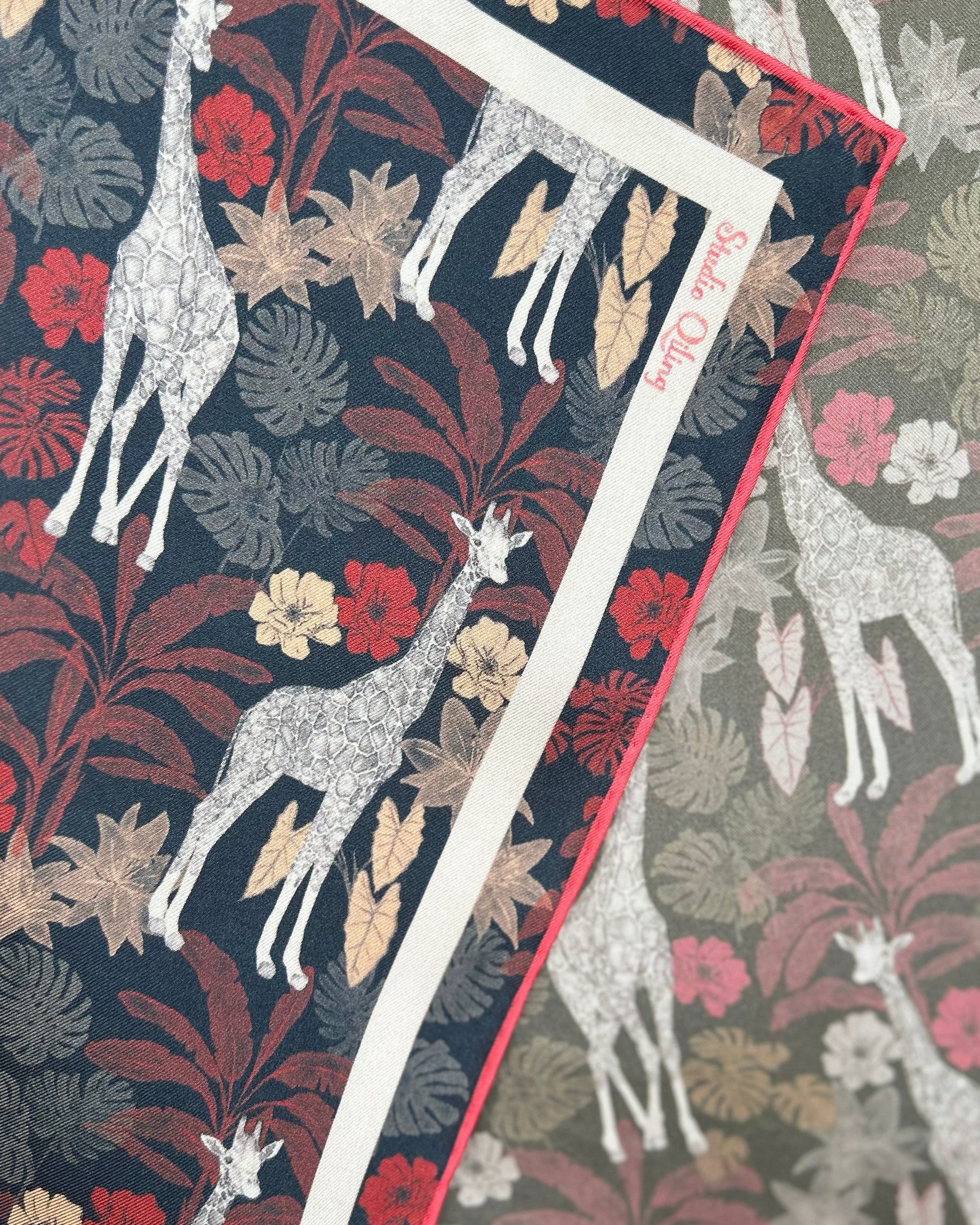 Giraffe Safari double-sided silk scarf styled as a headscarf — Studio Qiling hand-drawn safari luxury scarf Singapore