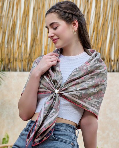 Giraffe Safari reversible silk scarf laid flat showing both sides — Studio Qiling double-sided luxury square scarf Singapore