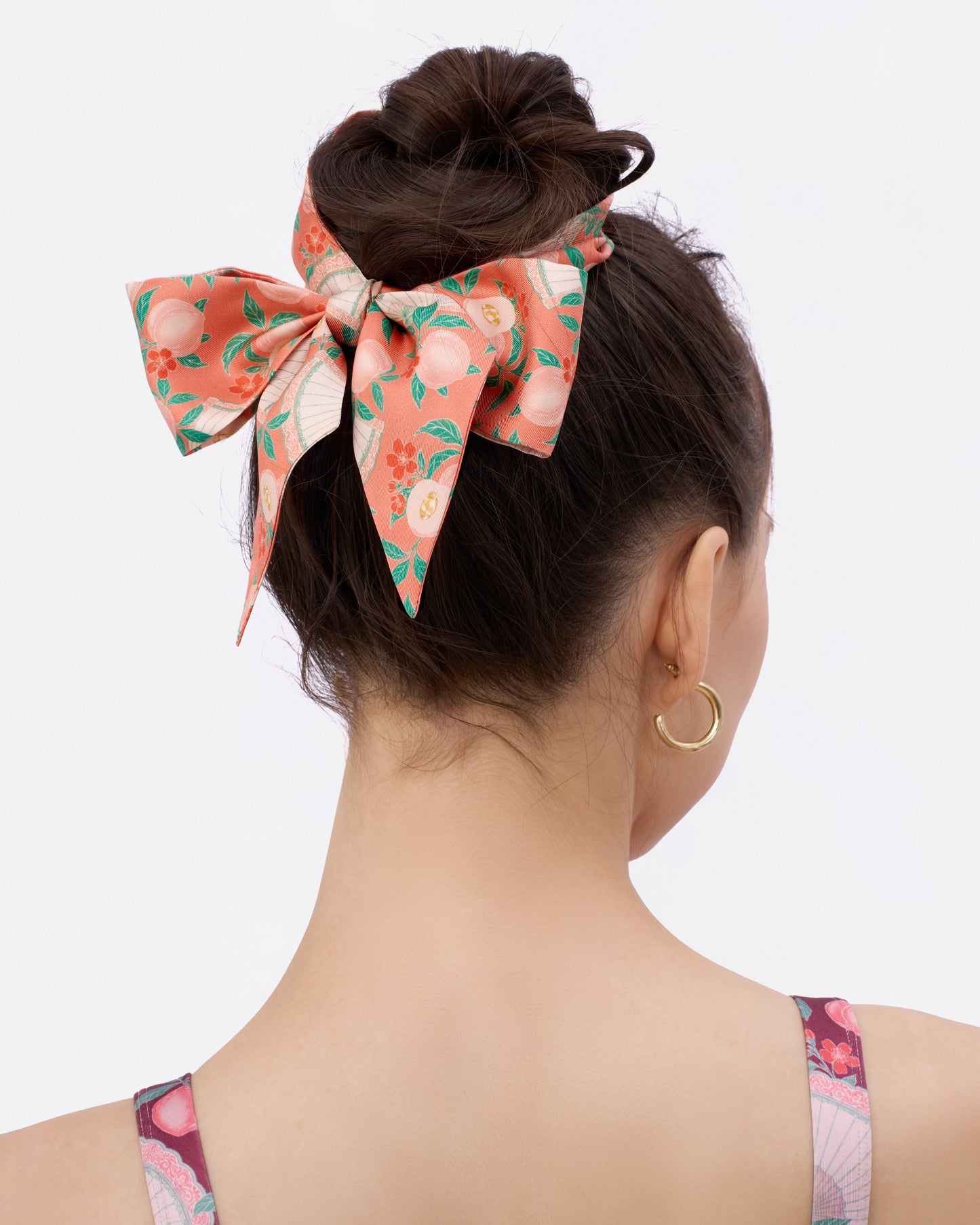 Golden Peaches Coral silk bandeau with hand-drawn Chinese peaches and ingots — Studio Qiling luxury silk hair accessory Singapore