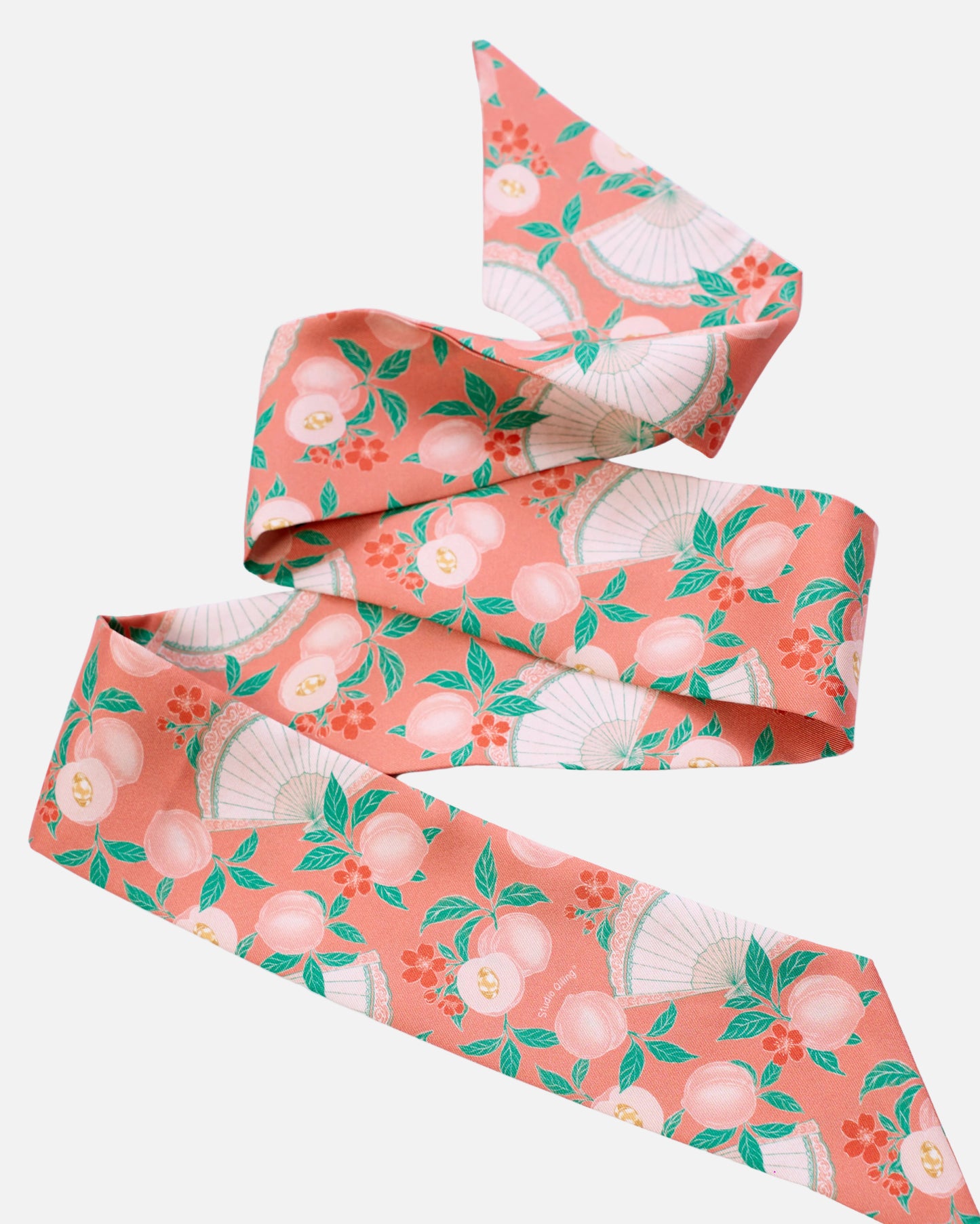 Golden Peaches Coral silk bandeau laid flat — Studio Qiling hand-drawn peaches print luxury silk hair accessory Singapore