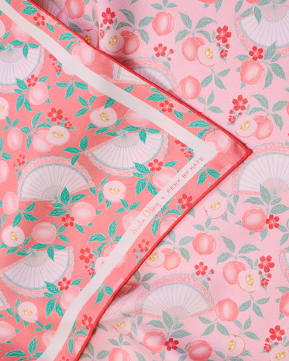 Reversible Silk Scarf in pink on one side and coral colour on the other side, with hand-drawn original prints with peaches, fan and ingots