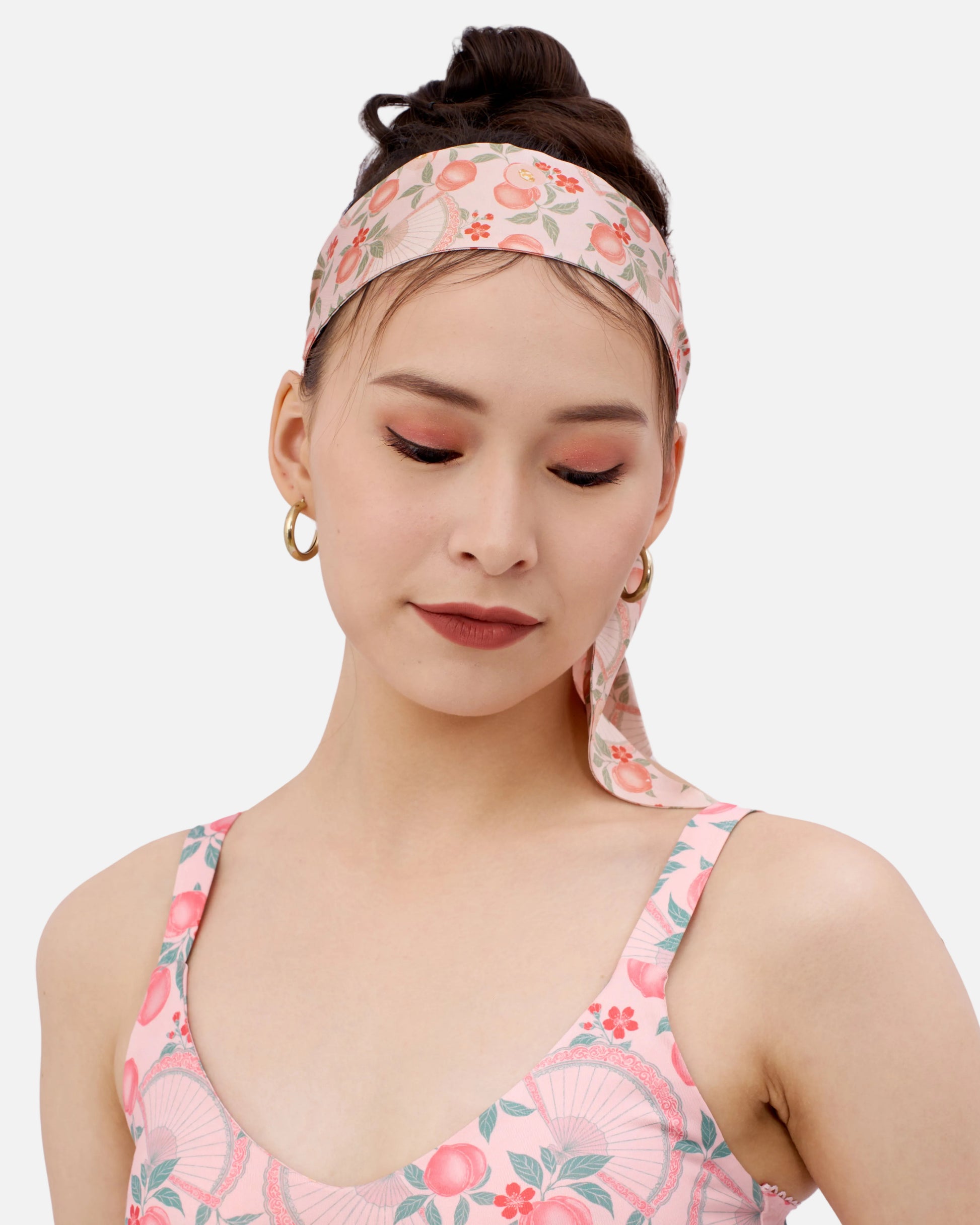 Golden Peaches Pink silk bandeau with hand-drawn Chinese peaches and ingots — Studio Qiling luxury silk hair accessory Singapore