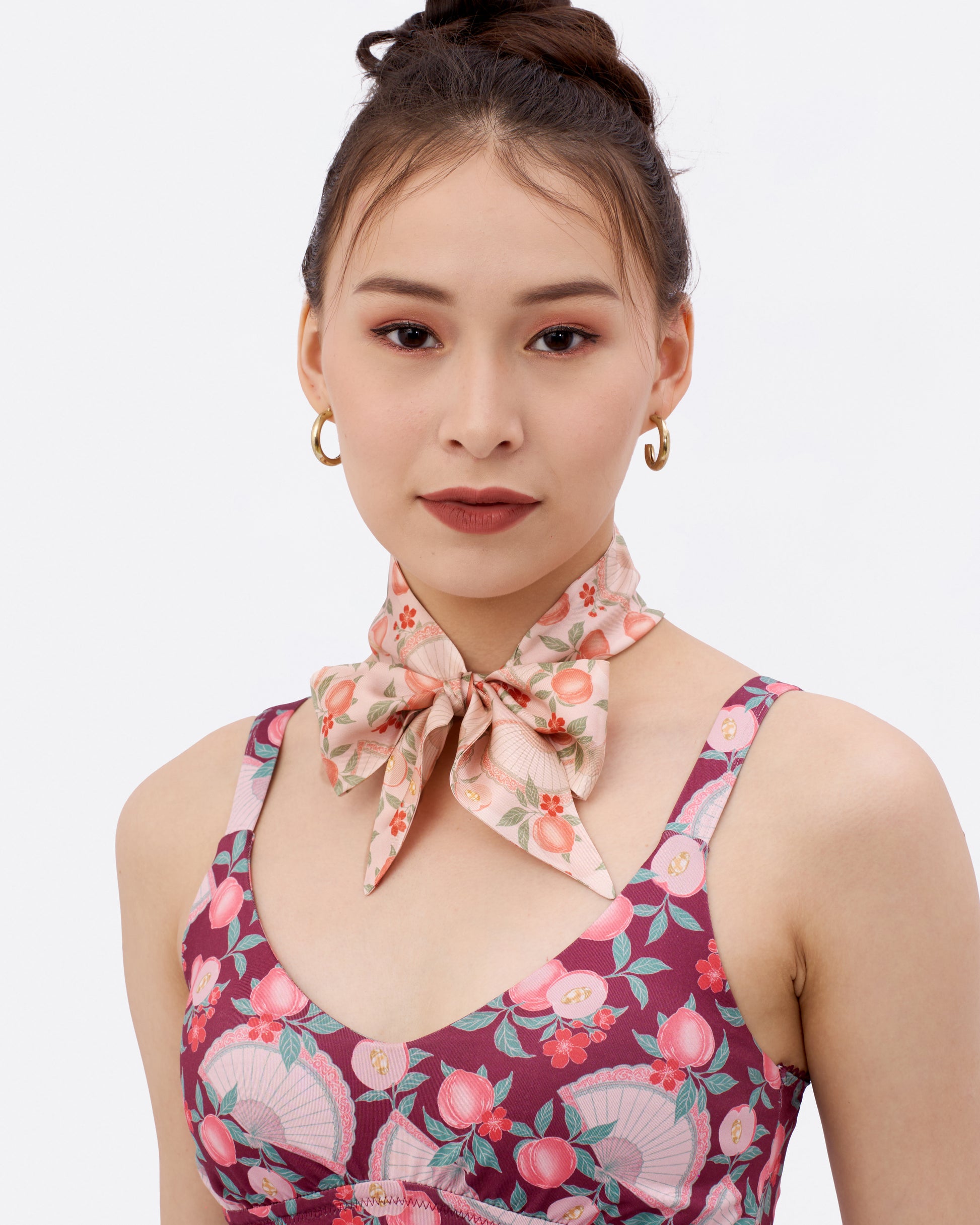 Golden Peaches Pink silk bandeau laid flat — Studio Qiling hand-drawn peaches print luxury silk hair accessory Singapore