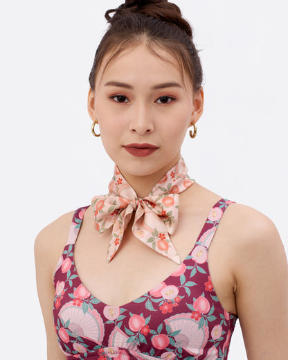 Golden Peaches Pink silk bandeau laid flat — Studio Qiling hand-drawn peaches print luxury silk hair accessory Singapore