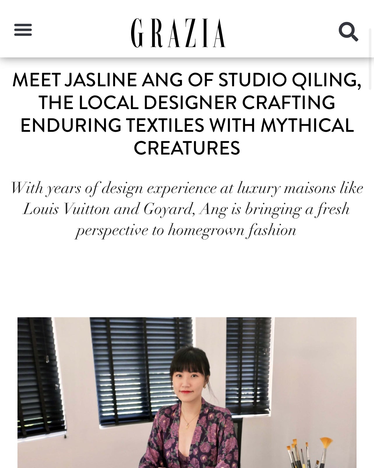 Grazia Singapore article featuring Jasline Ang of Studio Qiling 