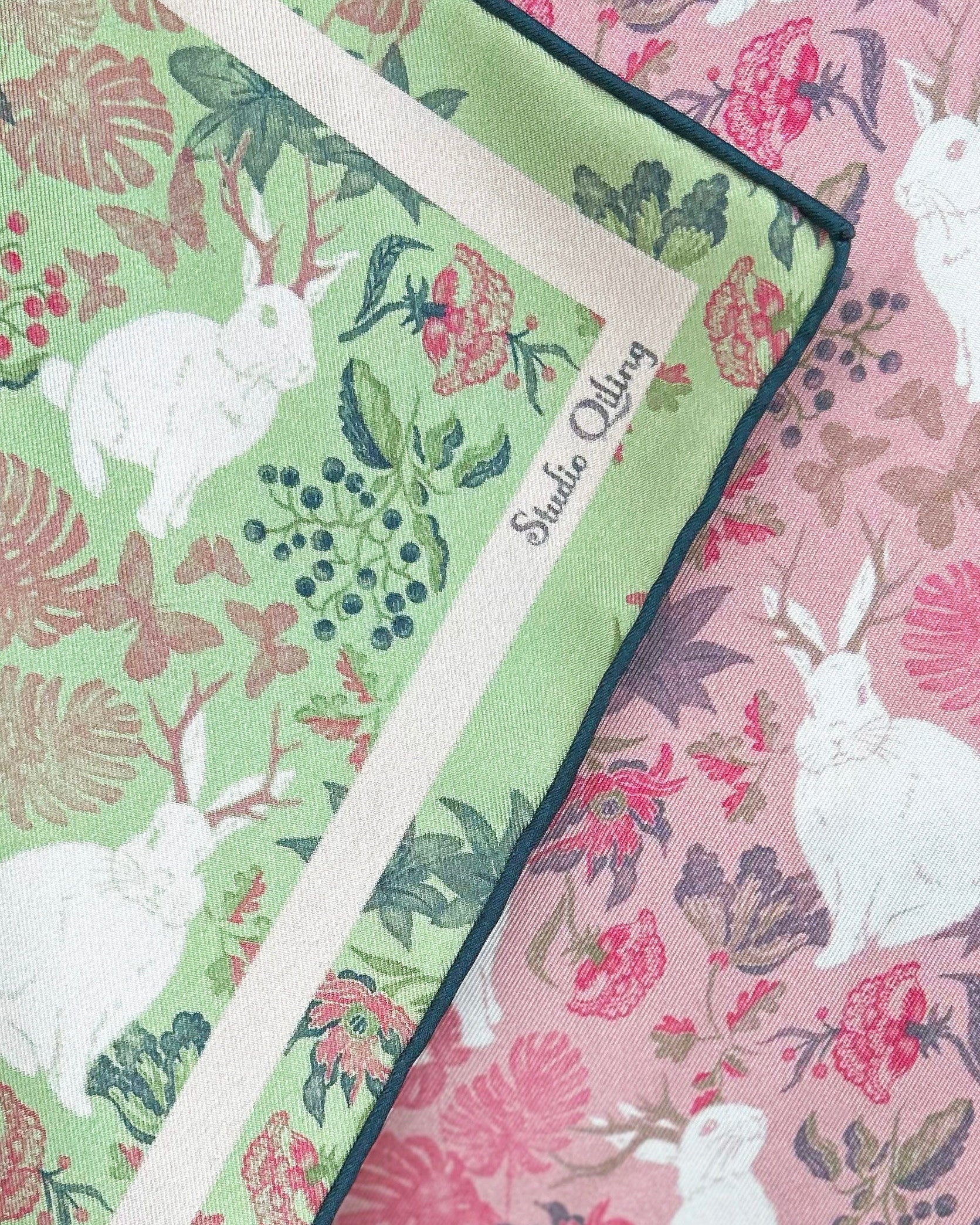 Jackalope Garden Bloom double-sided 65cm silk scarf with hand-drawn Jackalope mystical creature in garden bloom — Studio Qiling Singapore