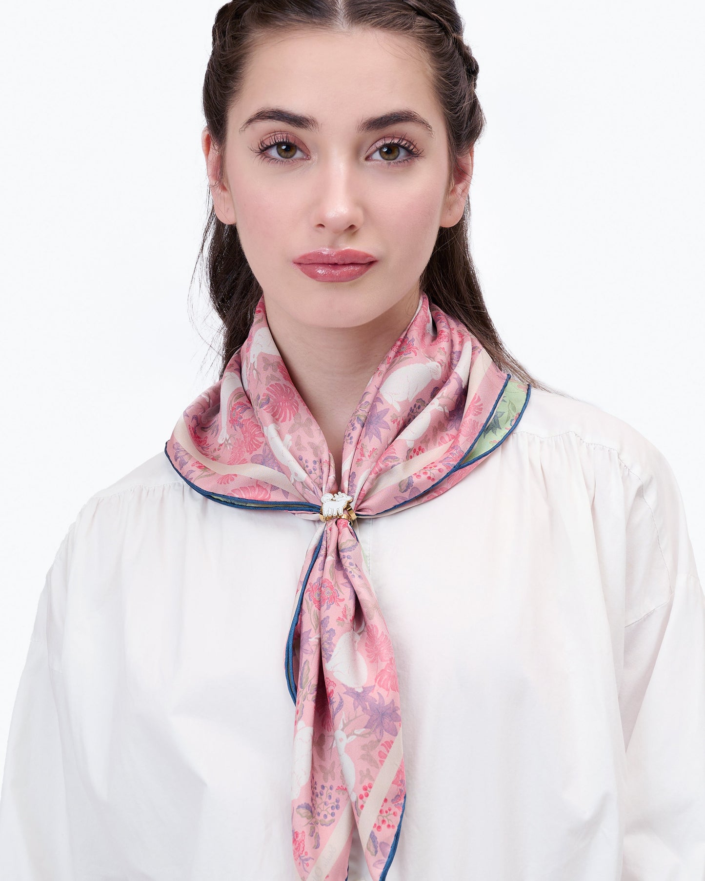 Woman wearing Jackalope Garden Bloom reversible silk scarf as a neck wrap — Studio Qiling hand-drawn mythical creature luxury scarf