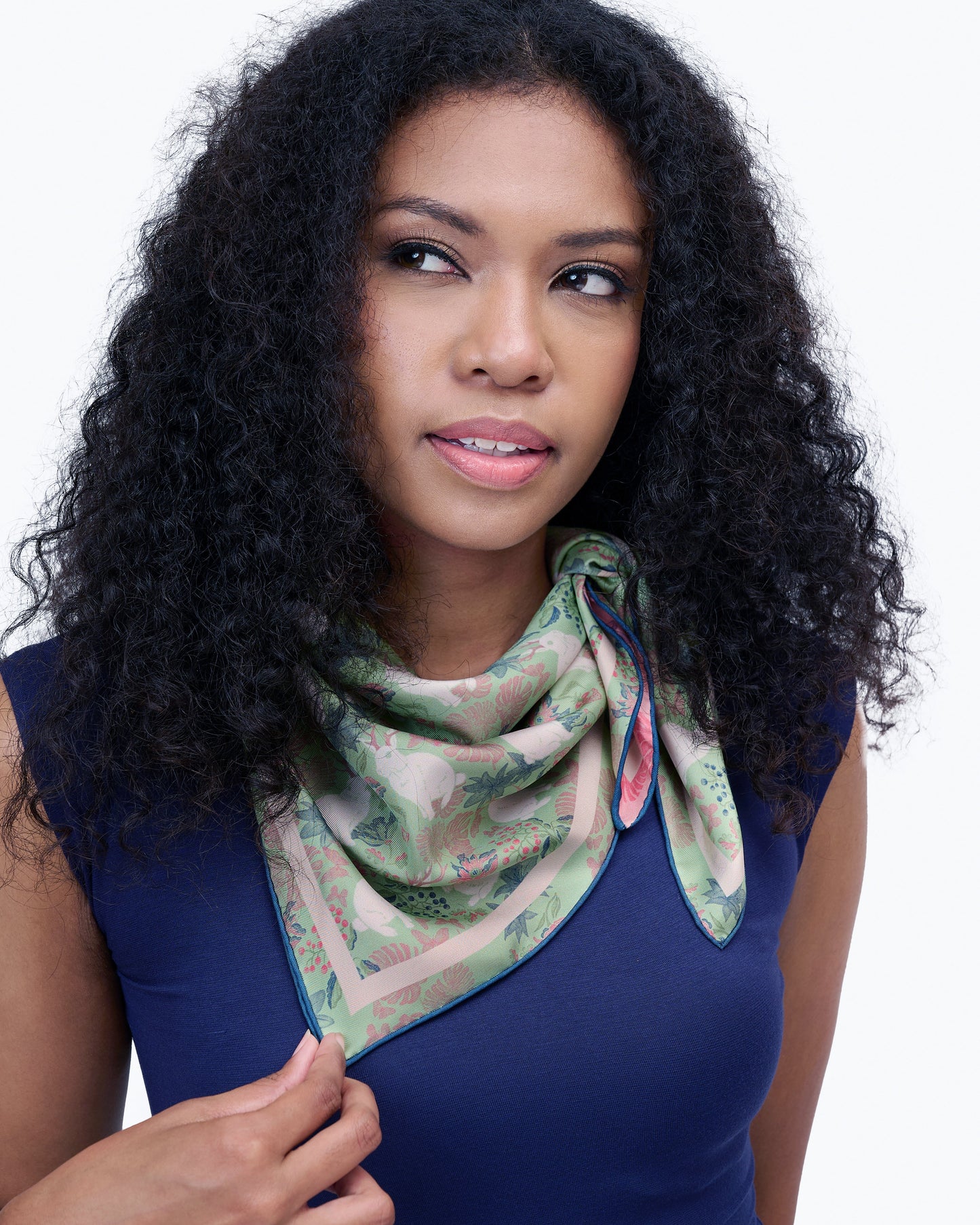 Jackalope Garden Bloom double-sided silk scarf styled as a headscarf — Studio Qiling wearable art luxury scarf Singapore