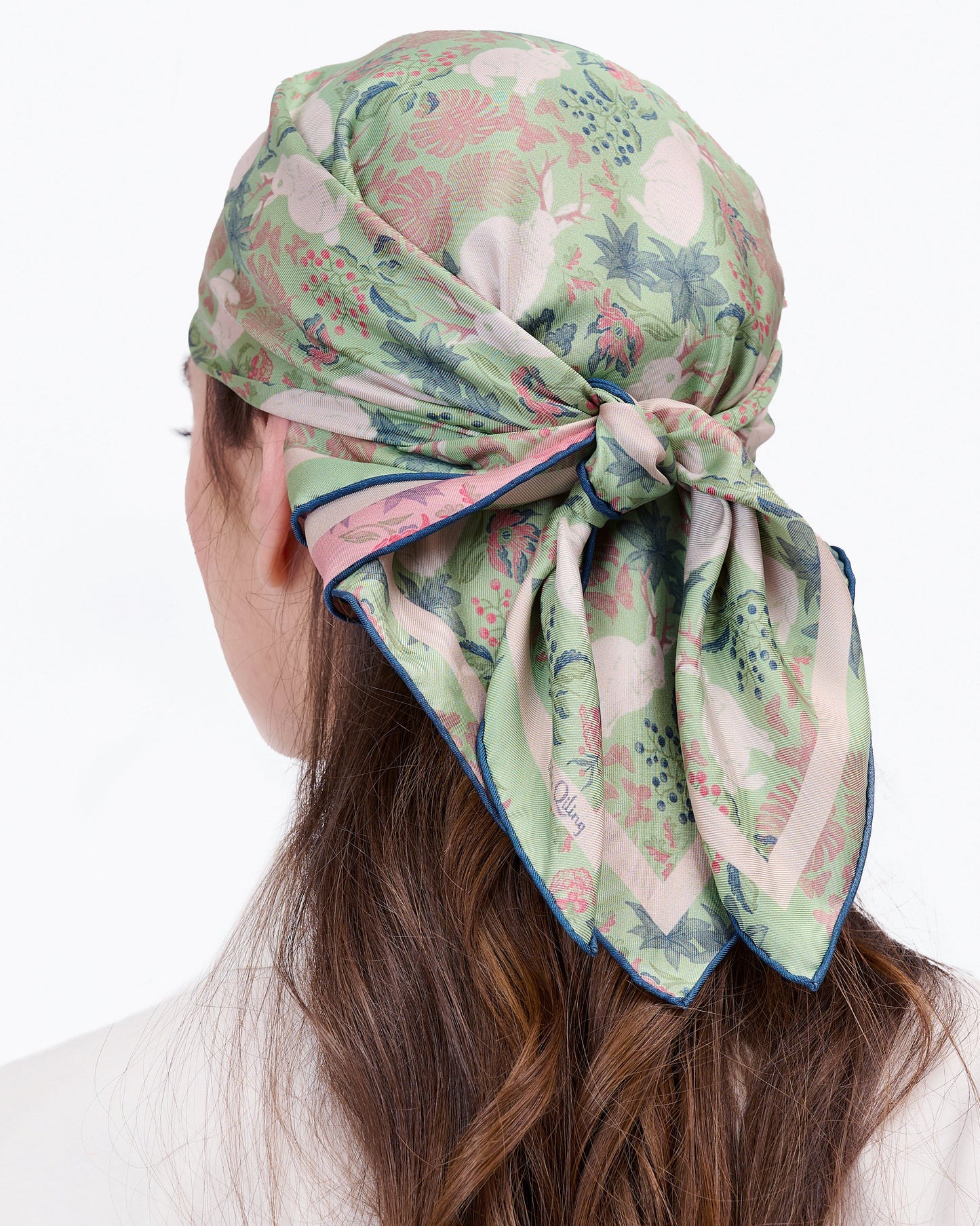 Close-up of hand-drawn Jackalope mythical creature print on reversible silk scarf — Studio Qiling Singapore designer luxury scarf