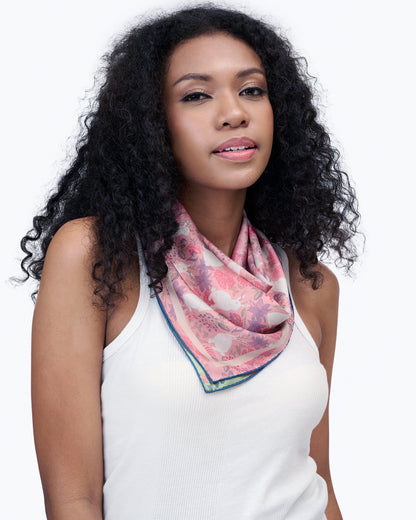 Jackalope Garden Bloom reversible silk scarf laid flat showing both sides — Studio Qiling double-sided luxury scarf Singapore
