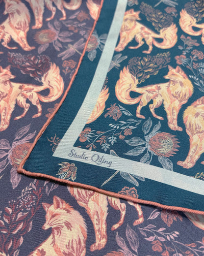 Kitsune Desert Dusk double-sided 65cm silk scarf with hand-drawn Kitsune fox spirit — Studio Qiling luxury wearable art scarf Singapore