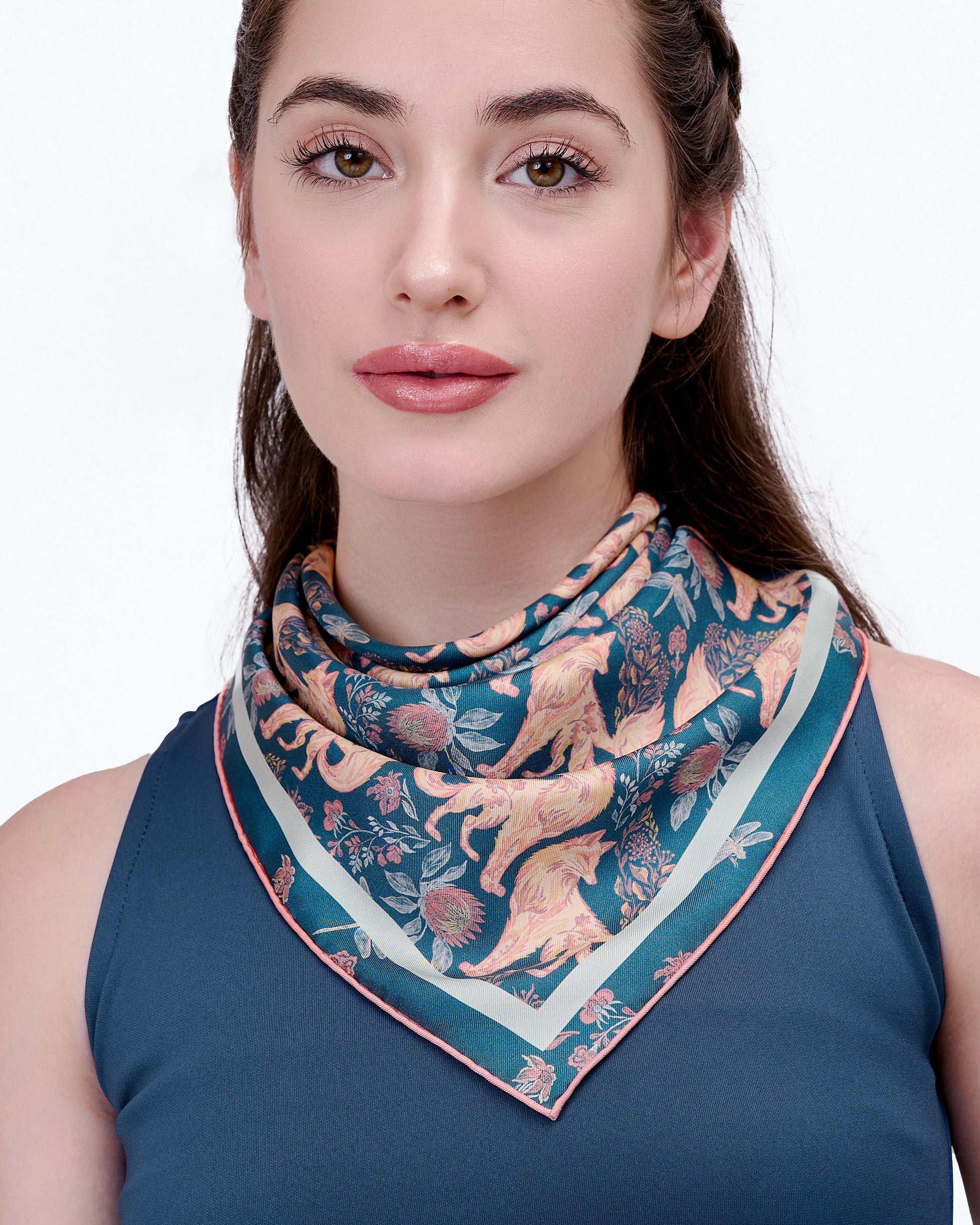 Woman wearing Kitsune Desert Dusk reversible silk scarf as a neck wrap — Studio Qiling hand-drawn fox spirit luxury scarf Singapore