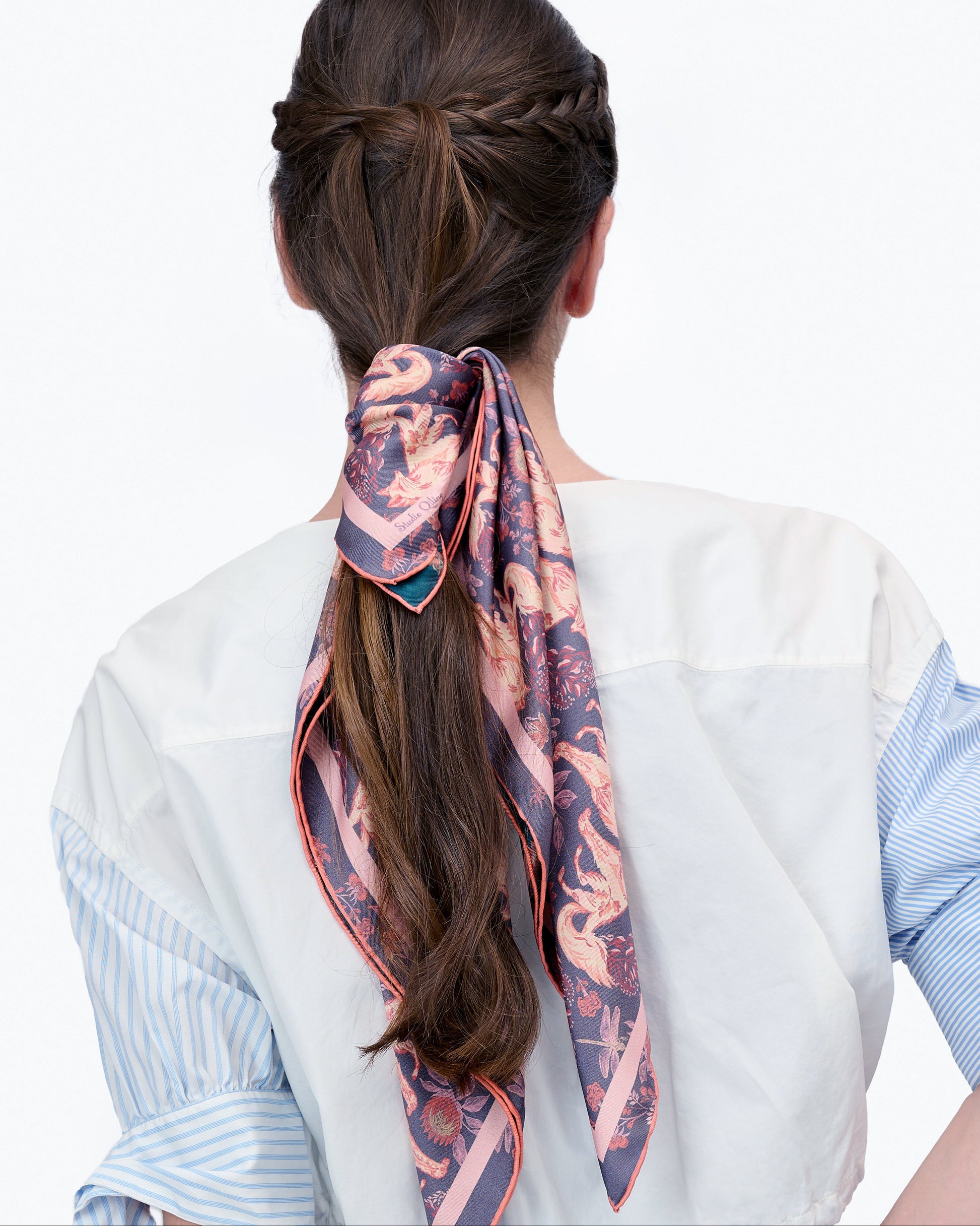 Kitsune Desert Dusk double-sided silk scarf styled as a headscarf — Studio Qiling Kitsune fox print wearable art scarf Singapore