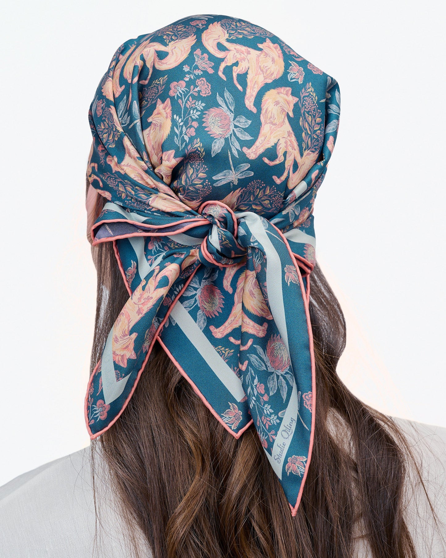 Kitsune Desert Dusk reversible silk scarf laid flat showing both sides — Studio Qiling double-sided luxury scarf Singapore