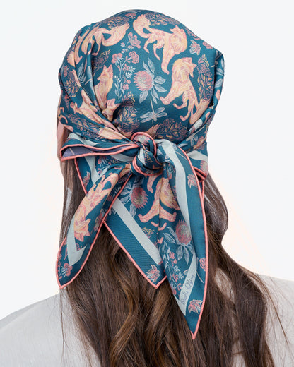 Kitsune Desert Dusk reversible silk scarf laid flat showing both sides — Studio Qiling double-sided luxury scarf Singapore