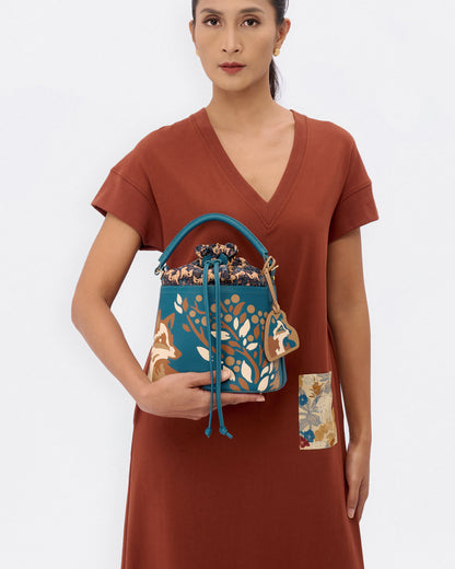 Kitsune Marquetry Bucket Bag Teal