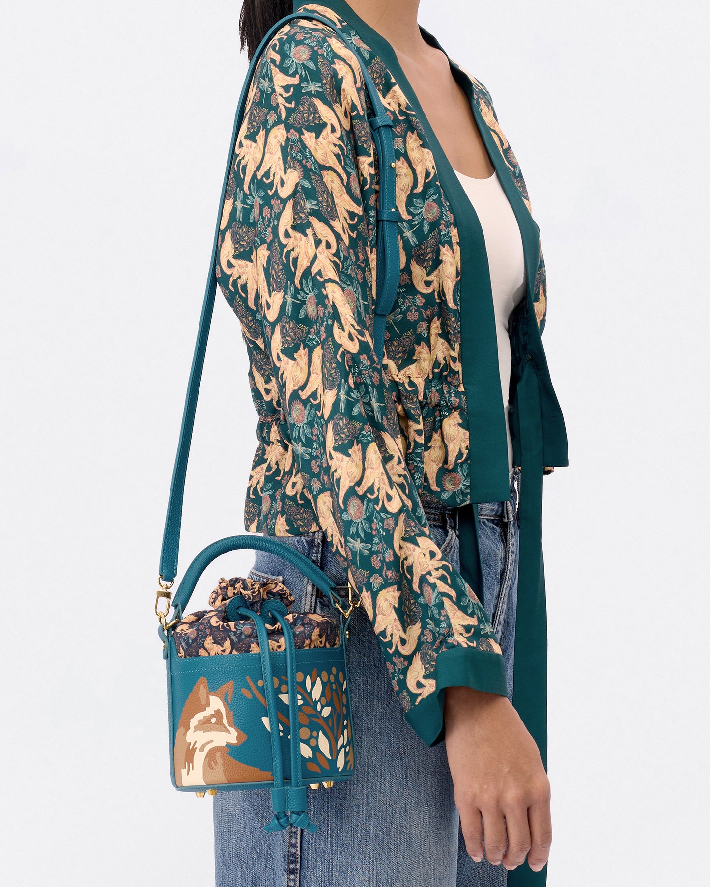 Kitsune Marquetry Mini Bucket Bag Teal