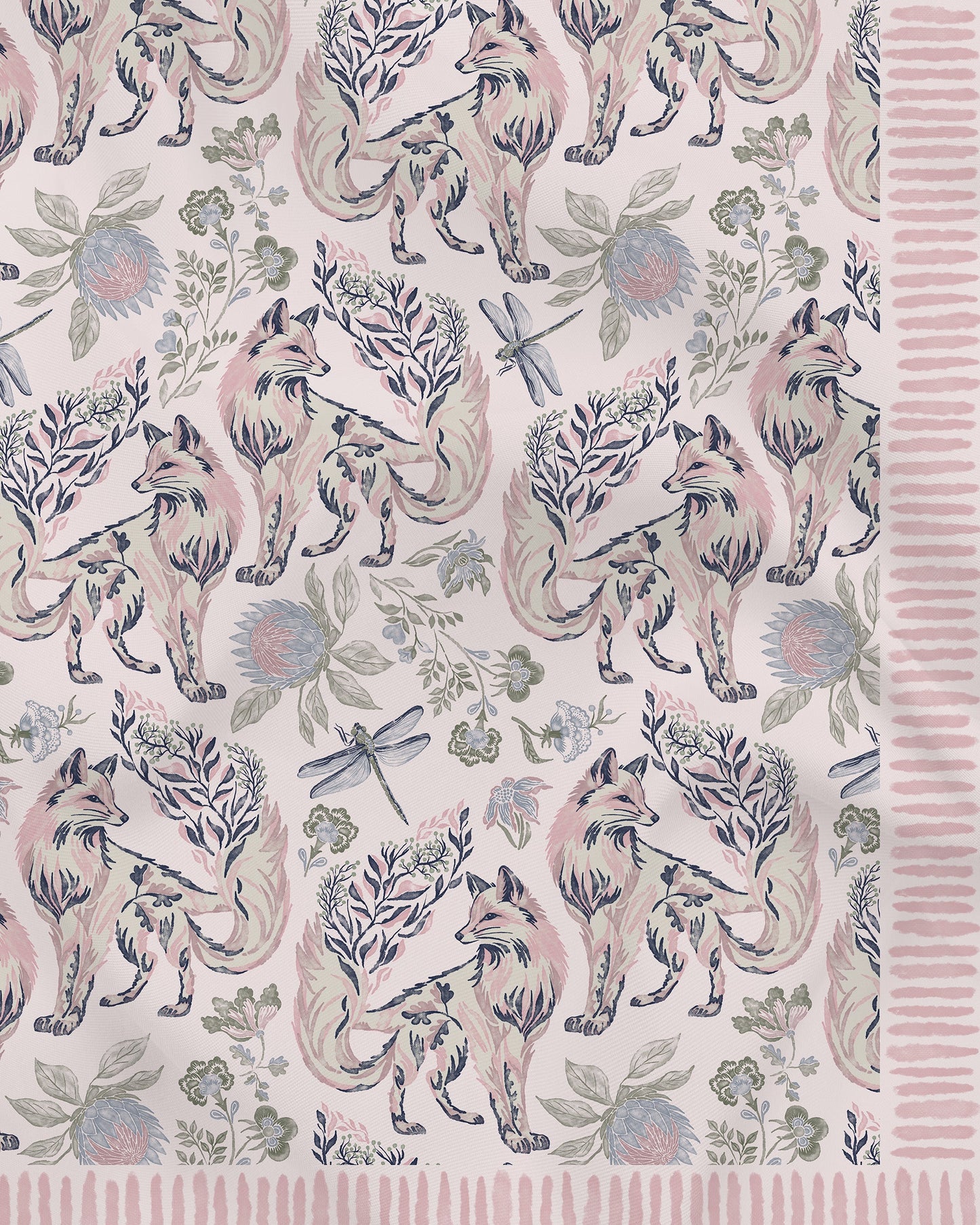 Kitsune Pristine pareo laid flat — Studio Qiling hand-drawn Kitsune fox print luxury resort beach wrap Singapore