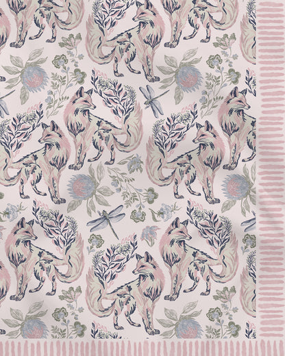 Kitsune Pristine pareo laid flat — Studio Qiling hand-drawn Kitsune fox print luxury resort beach wrap Singapore