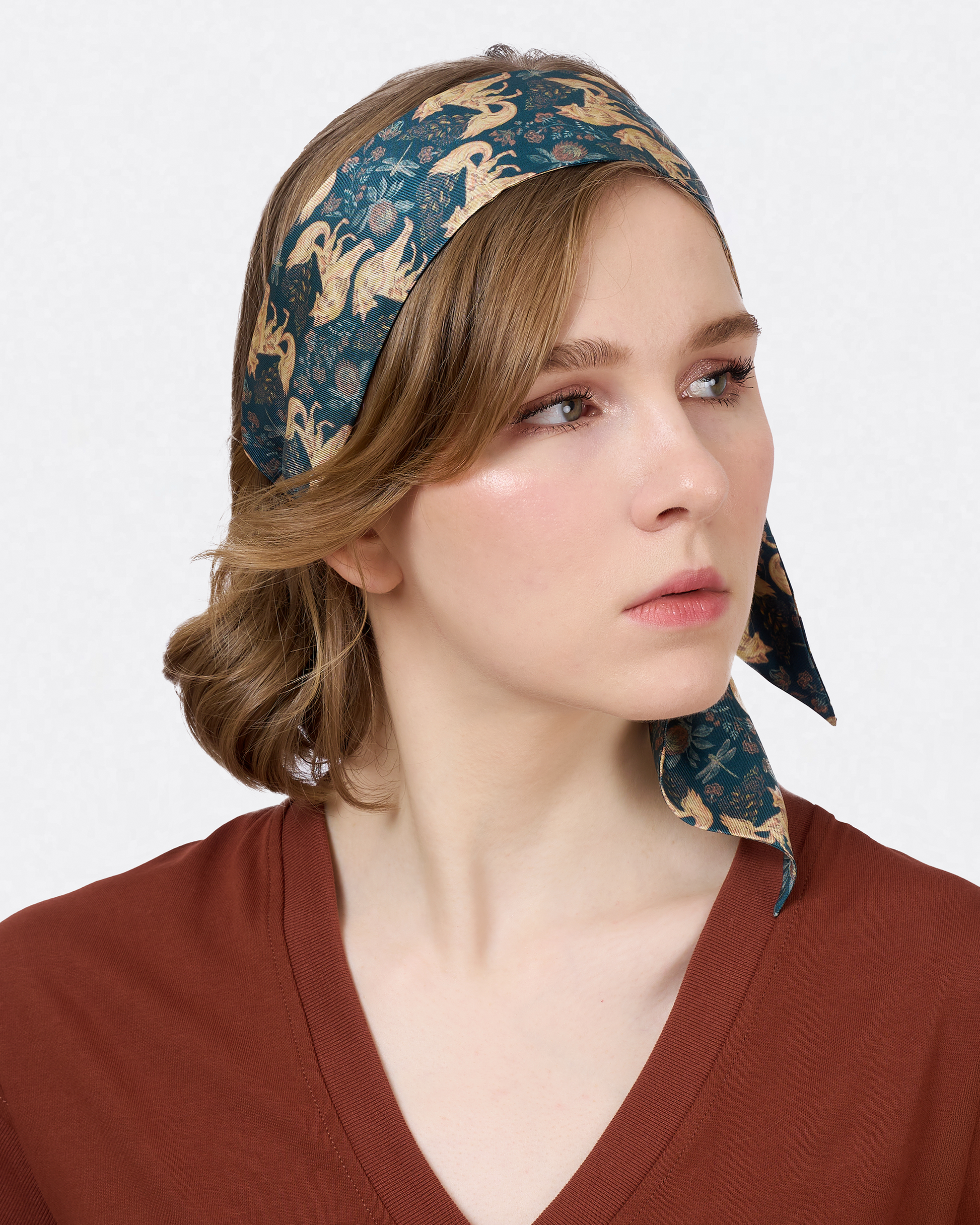 Kitsune Teal Desert silk bandeau with hand-drawn two-tailed kitsune fox — Studio Qiling luxury silk hair scarf Singapore