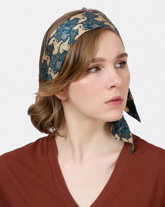 Kitsune Teal Desert silk bandeau with hand-drawn two-tailed kitsune fox — Studio Qiling luxury silk hair scarf Singapore