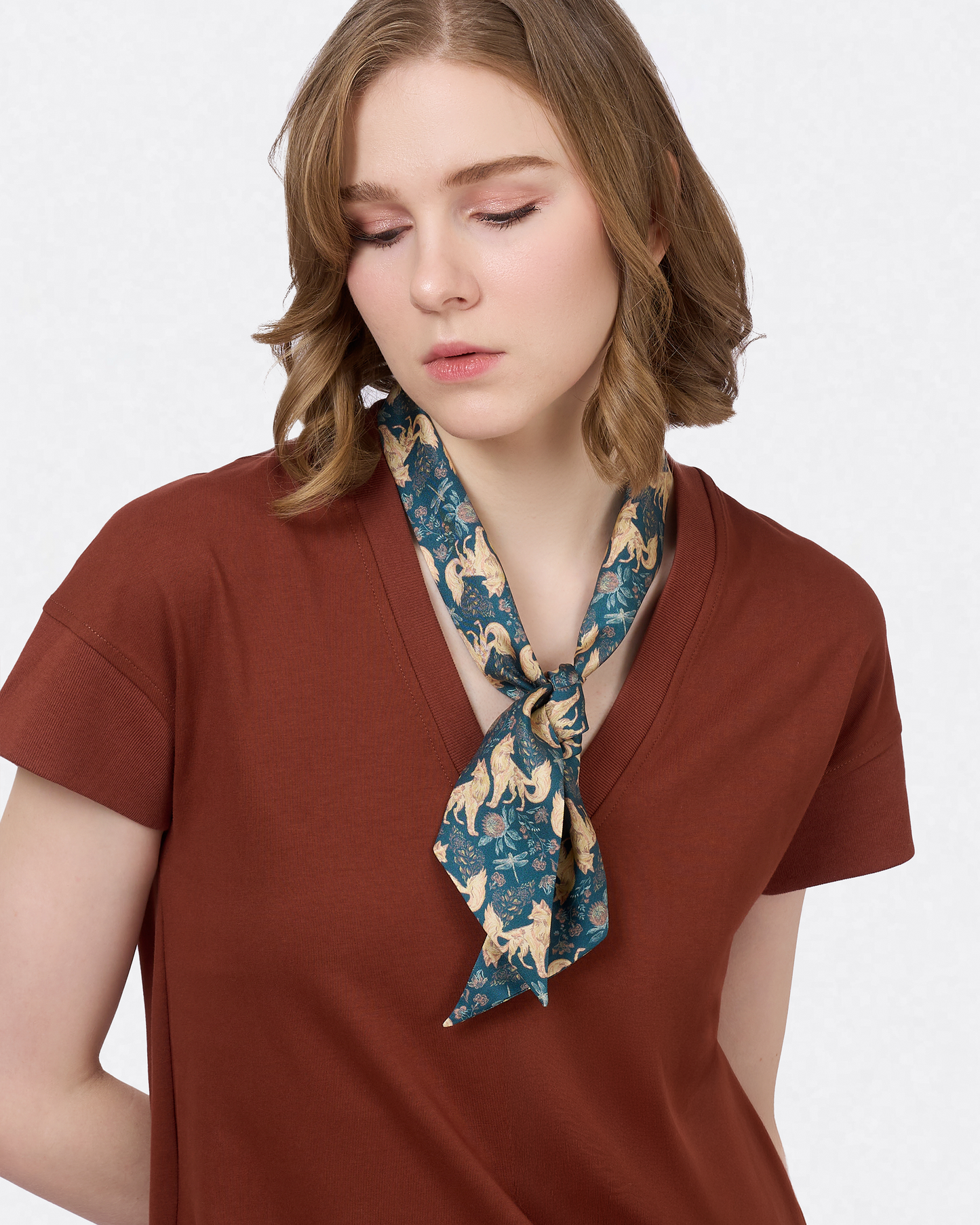 Kitsune Teal Desert silk bandeau styled as a neck scarf — Studio Qiling wearable art luxury silk bandeau Singapore