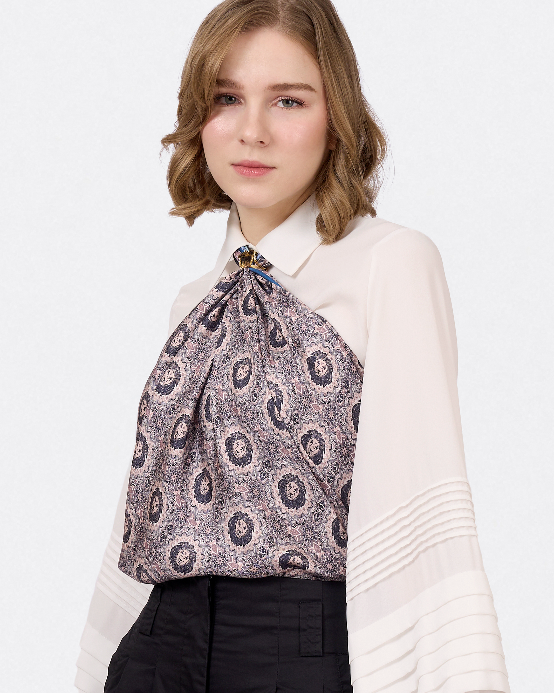 Lion Mandala Plum Frost double-sided 100cm silk scarf with hand-drawn regal lion and mandala geometry — Studio Qiling luxury print scarf Singapore